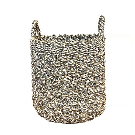 CESTA DECORATIVA RATTAN BALI REDONDO BRANCO E NATURAL