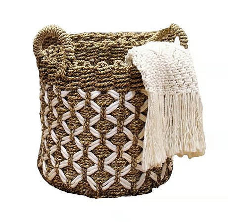 CESTA DECORATIVA RATTAN BALI REDONDO BRANCO E NATURAL COM CORDA