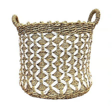 CESTA DECORATIVA RATTAN BALI REDONDO BRANCO E NATURAL
