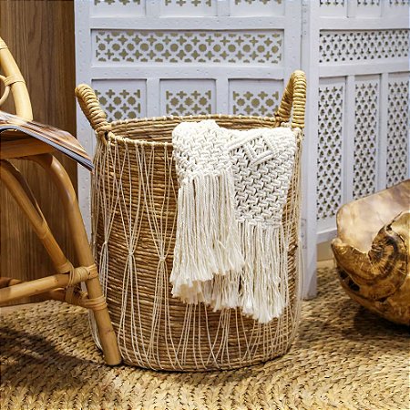 CESTA DECORATIVA RATTAN BALI REDONDO REDE BRANCO E NATURAL