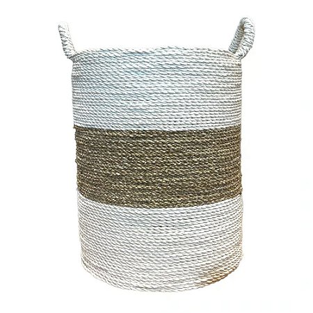 CESTA DECORATIVA RATTAN BALI REDONDO BRANCO E NATURAL