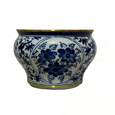 CACHEPOT PORCELANA AZUL E BRANCA GOLDEN FLORA D19XA13CM