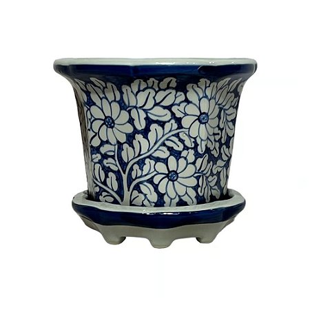 CACHEPOT PORCELANA AZUL E BRANCA FLORES DO JARDIM D21XA18CM