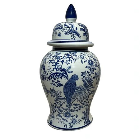 POTE EM PORCELANA AZUL E BRANCO PASSARO COM TAMPA D21XA43CM