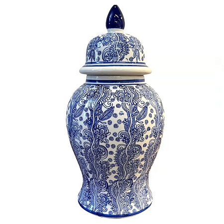 POTE EM PORCELANA AZUL E BRANCO PRIMAVERA COM TAMPA D20XA36CM
