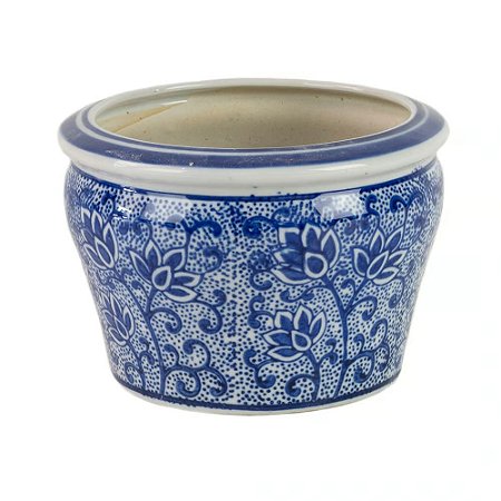 CACHEPOT EM PORCELANA AZUL E BRANCO LOTUS