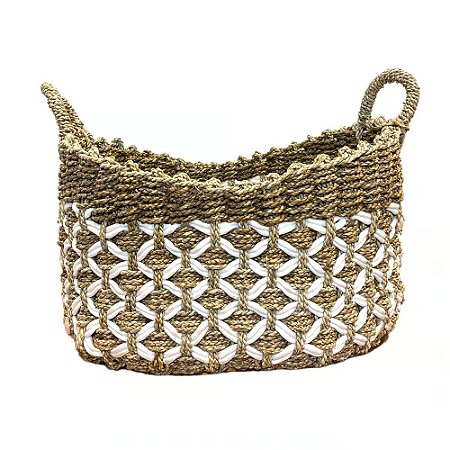 CESTA DECORATIVA RATTAN BALI OVAL BRANCO E NATURAL