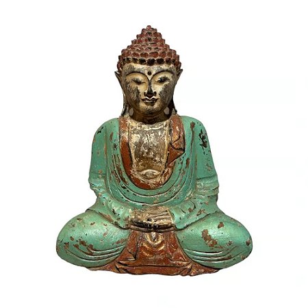 ESCULTURA IMPORTADA BUDA MADEIRA ANTIGA VERDE L25XA34CM