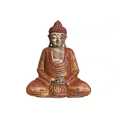 ESCULTURA IMPORTADA BUDA MADEIRA ANTIGA VERMELHA L25XA30CM