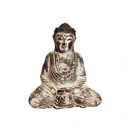 ESCULTURA IMPORTADA BUDA MADEIRA ANTIGA BRANCA L25XA30CM