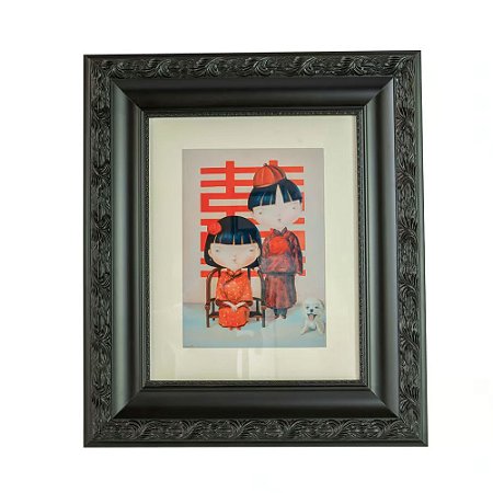 QUADRO GRAVURA SHANGHAI ROUGE COM MOLDURA NEGRA TRABALHADA