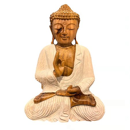 ESCULTURA BUDA MEDITACAO MADEIRA NATURAL E BRANCA 35CM