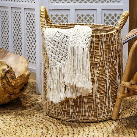 CESTA DECORATIVA RATTAN BALI REDONDO REDE BRANCO E NATURAL