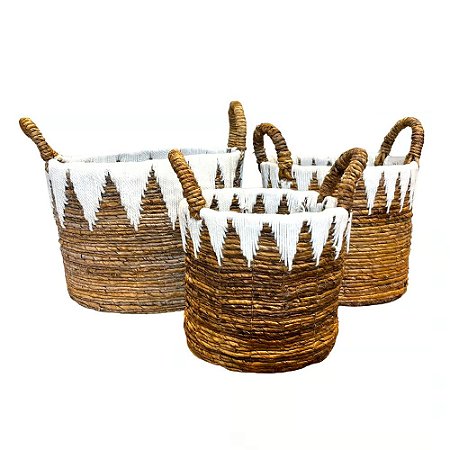 CESTA DECORATIVA RATTAN BALI REDONDO BRANCO E NATURAL