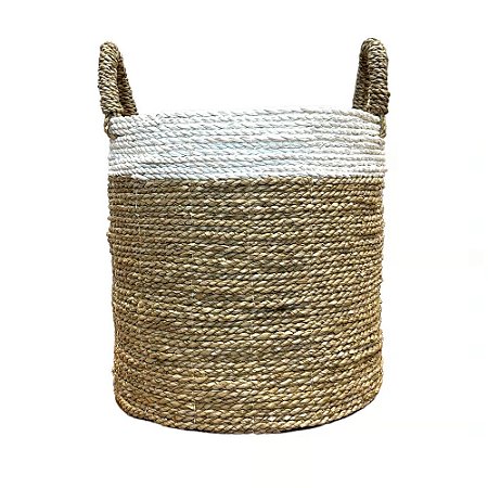 CESTA DECORATIVA RATTAN BALI REDONDO BRANCO E NATURAL 4