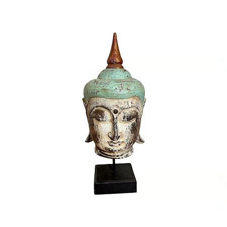 ESCULTURA CABECA BUDA DECORATIVA EM MADEIRA ANTIGA L20XA44CM