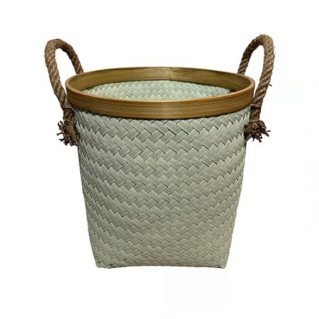 CESTO FIBRA SINTETICA BALI REDONDO BRANCO CORDA NATURAL D35XA42CM