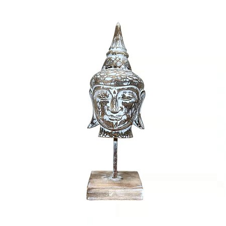 ESCULTURA CABECA BUDA EM MADEIRA WHITEWASH COM BASE A50CM