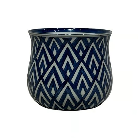 CACHEPOT PORCELANA AZUL E BRANCA GEOMETRIC D14XA13CM