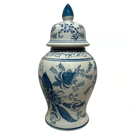 POTE EM PORCELANA TURQUESA E BRANCO PASSARO COM TAMPA D18XA34CM