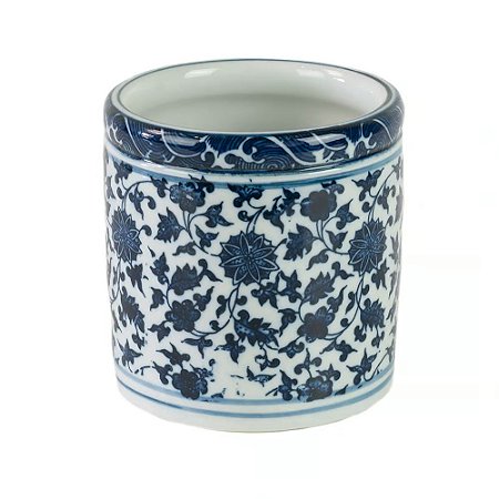 CACHEPOT EM PORCELANA AZUL E BRANCA REDONDO RETO 20X20CM