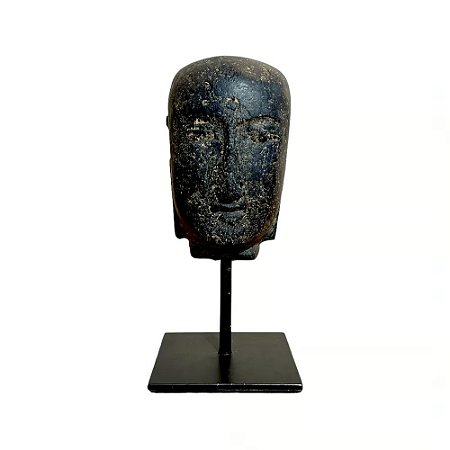 ESCULTURA IMPORTADA CABECA DE BUDA DECORATIVA EM PEDRA NATURAL NEGRA COM SUPORTE A20CM