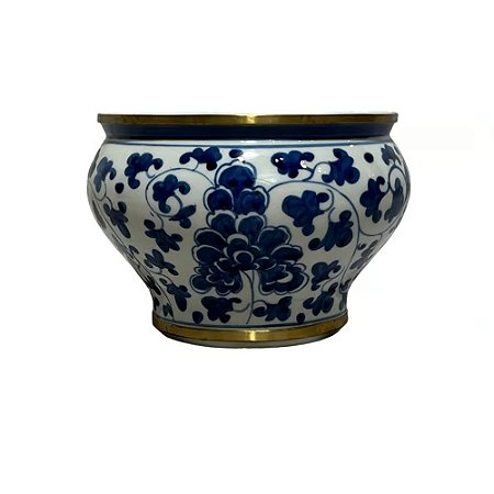CACHEPOT PORCELANA AZUL E BRANCA GOLDEN NATURE D17XA11CM