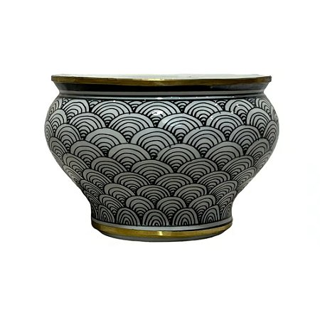 CACHEPOT PORCELANA PRETO BRANCO GOLDEN ESCAMAS D15XA11CM