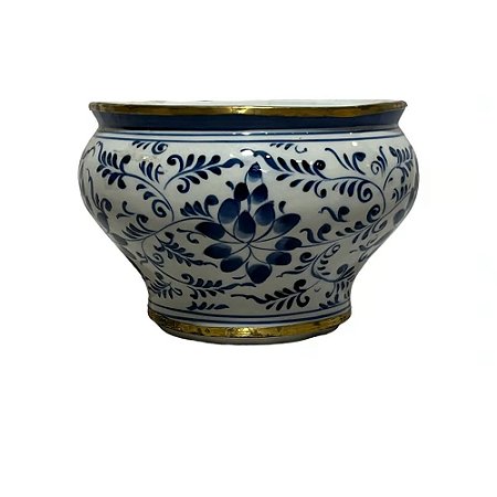 CACHEPOT PORCELANA AZUL E BRANCA GOLDEN BOTANIC D15XA11CM