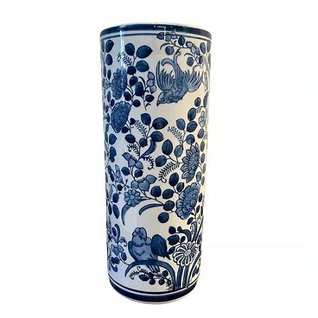 PORTA GUARDA CHUVA EM PORCELANA PASSARO AZUL E BRANCO D15XA36CM