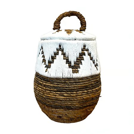 CESTA DECORATIVA FIBRA BALI REDONDO BRANCO E NATURAL COM TAMPA