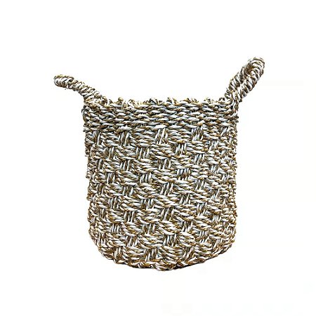 CESTA DECORATIVA RATTAN BALI REDONDO BRANCO E NATURAL