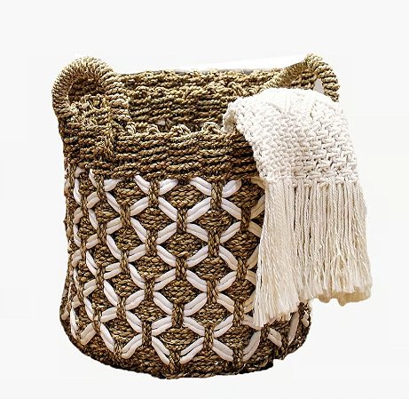 CESTA DECORATIVA RATTAN BALI REDONDO BRANCO E NATURAL COM CORDA