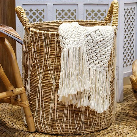CESTA DECORATIVA RATTAN BALI REDONDO REDE BRANCO E NATURAL