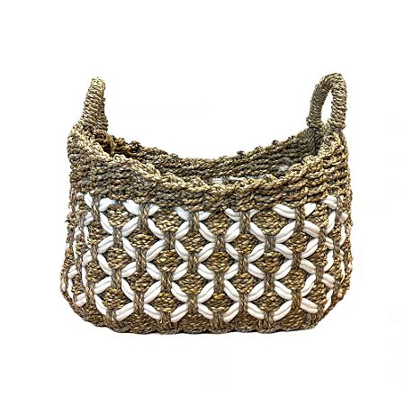 CESTA DECORATIVA DECORATIVA RATTAN BALI OVAL BRANCO E NATURAL