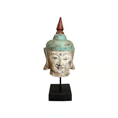 ESCULTURA CABECA BUDA DECORATIVA EM MADEIRA ANTIGA L11XA40CM