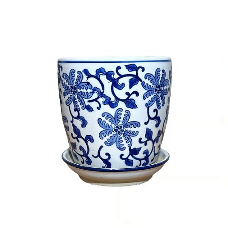CACHEPOT PORCELANA AZUL E BRANCA FLOR CELESTIAL D20XA20CM