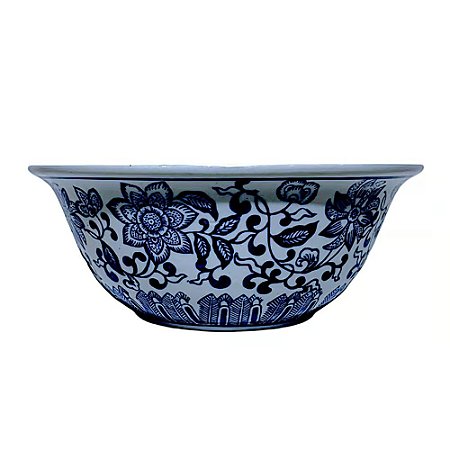 CENTRO DE MESA EM PORCELANA AZUL E BRANCA FLORES SERENAS D29XA10CM