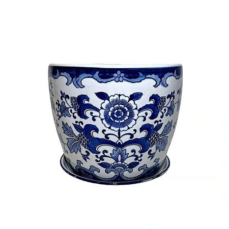 CACHEPOT PORCELANA AZUL E BRANCA JARDIM IMPERIAL D25XA22CM