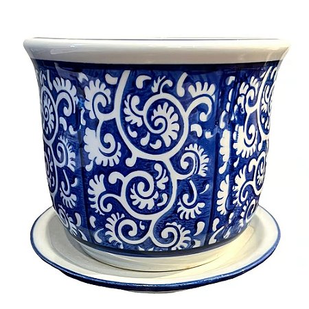 CACHEPOT EM PORCELANA AZUL E BRANCO COM PRATO RAMALHETE D24XA18CM