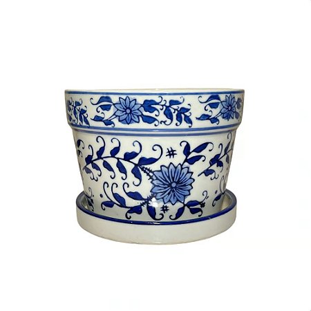 CACHEPOT PORCELANA AZUL E BRANCA RAMO FLORAL D16XA12CM