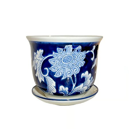 CACHEPOT PORCELANA AZUL E BRANCA VENTO DE OUTONO D19XA17CM