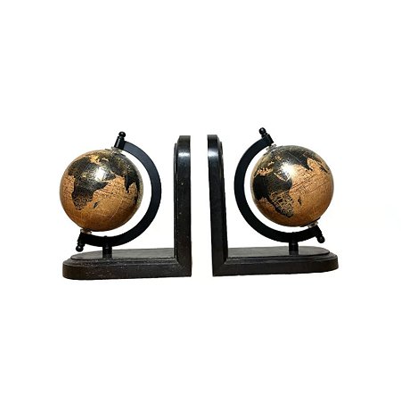 CONJUNTO APARADORES DE LIVROS GLOBO TERRACOTA BASE EM MADEIRA PRETA 16CM