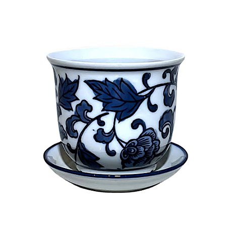 CACHEPOT PORCELANA AZUL E BRANCA BOTANICA ENCANTADA D19XA16CM