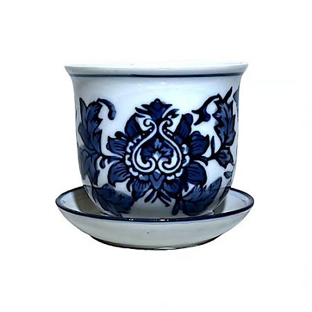 CACHEPOT PORCELANA AZUL E BRANCA FLORAL NOBRE D21XA17CM 2