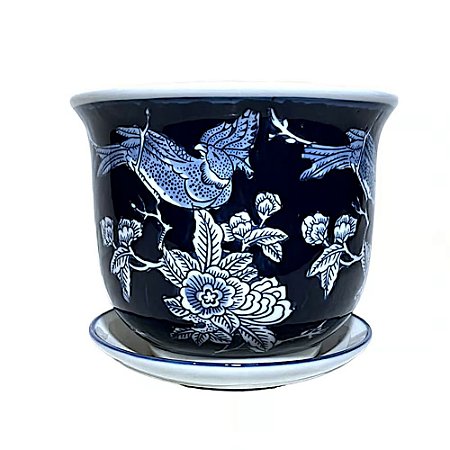 CACHEPOT EM PORCELANA AZUL E BRANCA JARDIM ENCANTADO D19XA16CM