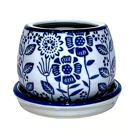 CACHEPOT PORCELANA AZUL E BRANCA FLORATA D23XA16CM