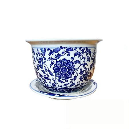 CACHEPOT EM PORCELANA AZUL E BRANCO FLOR IMPERIAL D19XA15CM
