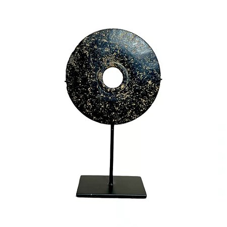 ESCULTURA IMPORTADA BI DISC CHINES ANTIGO EM PEDRA NATURAL NEGRA COM SUPORTE A21CM