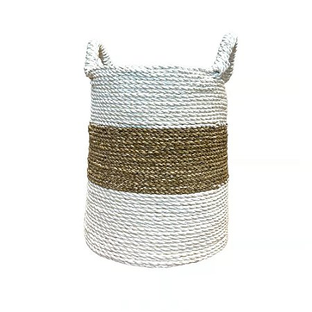 CESTA DECORATIVA RATTAN BALI REDONDO BRANCO E NATURAL